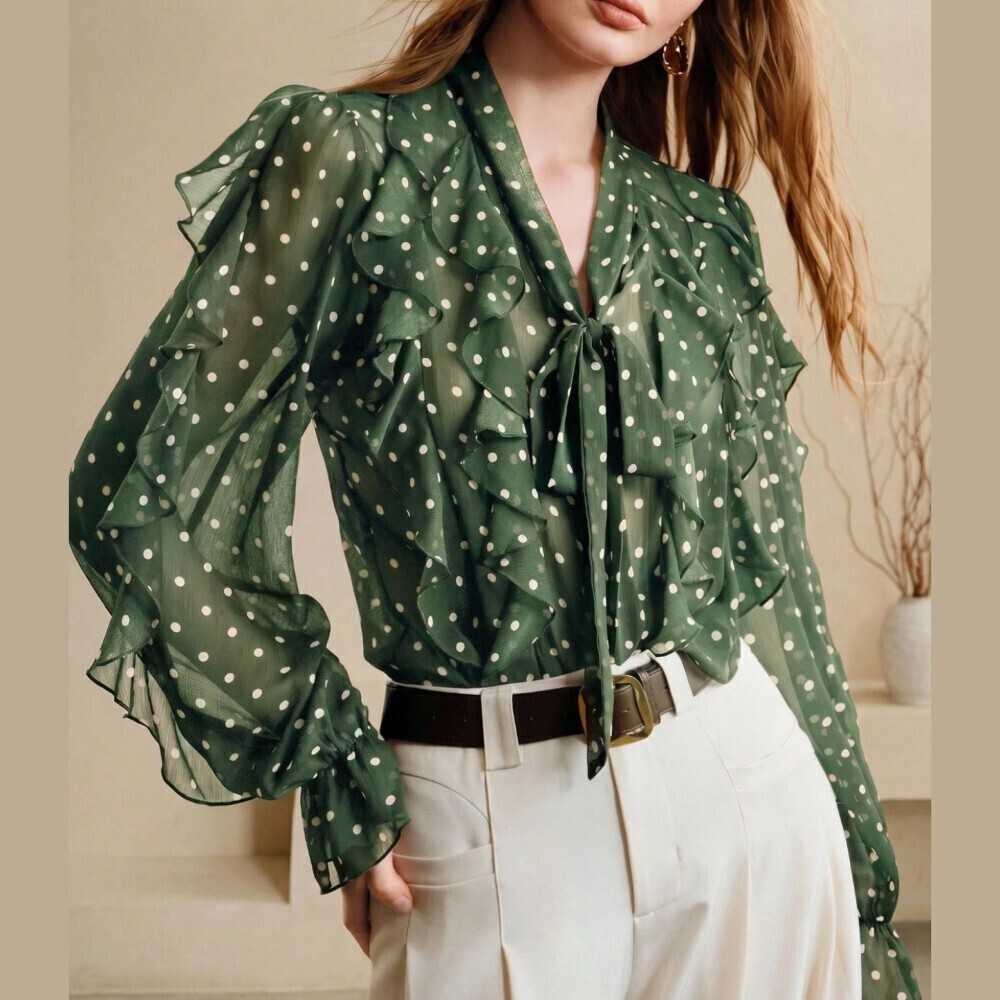 Green Polka Dot Chiffon Blouse with Ruffle Trim Tie Neck